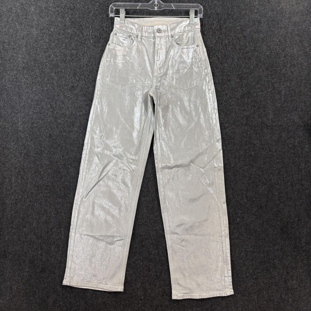 American Eagle Curvy High Rise Baggy Straight Jeans Women's 00 Silver Metallic